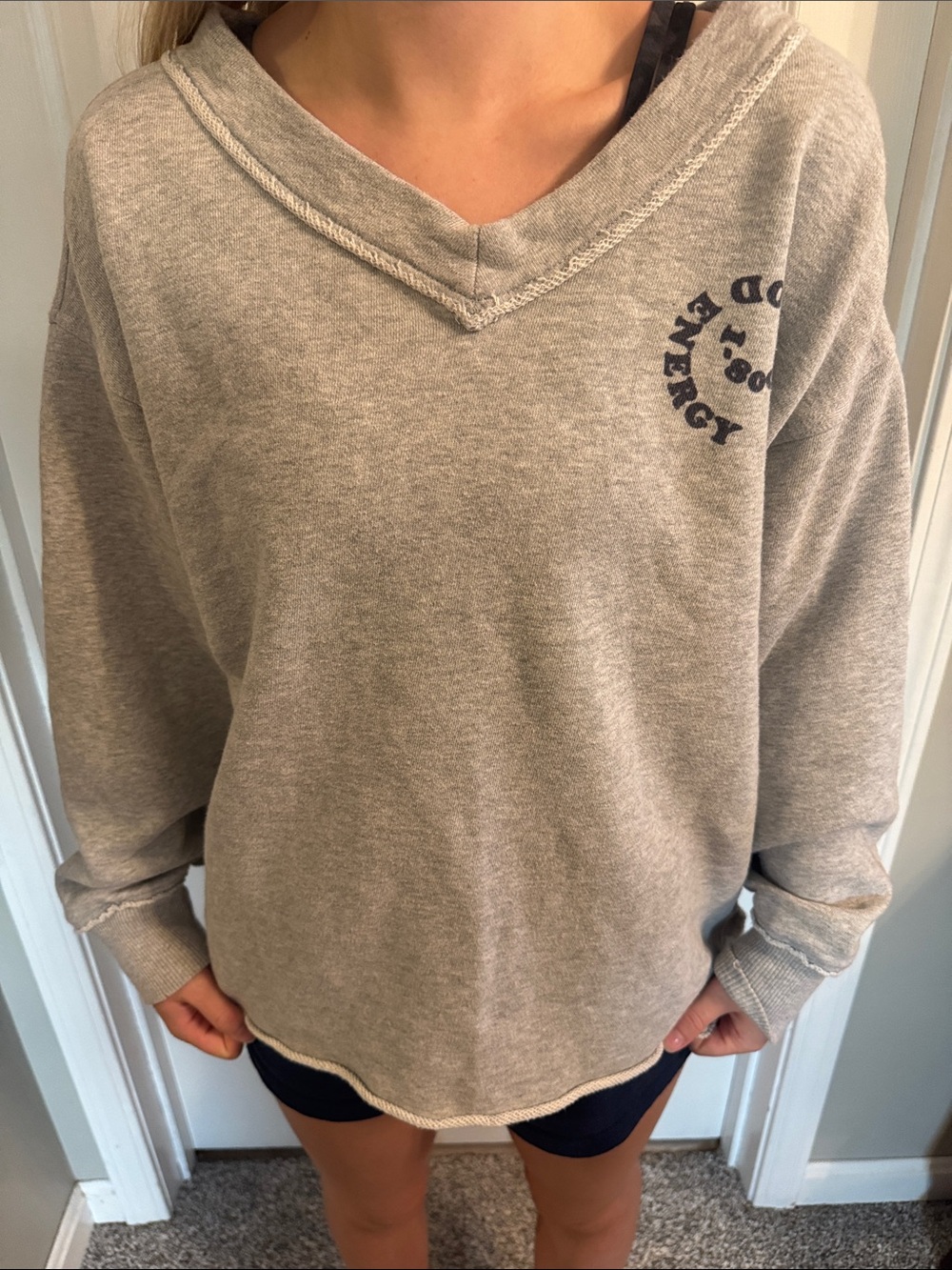 aerie Light Gray V-Neck Sweatshirt with Chest Graphic
